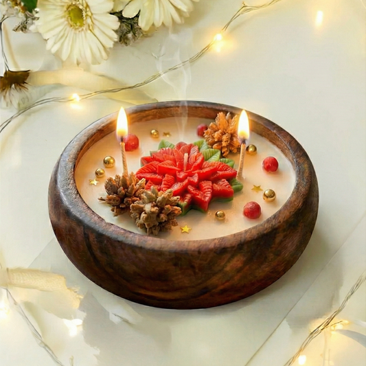 Christmas Poinsettia Wooden Bowl Candle – Vanilla Fragrance | Kraft Candles