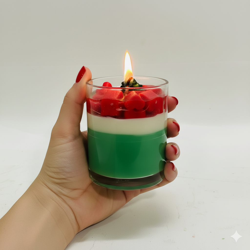 Christmas Theme Heart Candle – Festive Tree & Heart Wax Toppings | 3-Layer Premium Gel + Soy Candle Jar - Kraft Candles