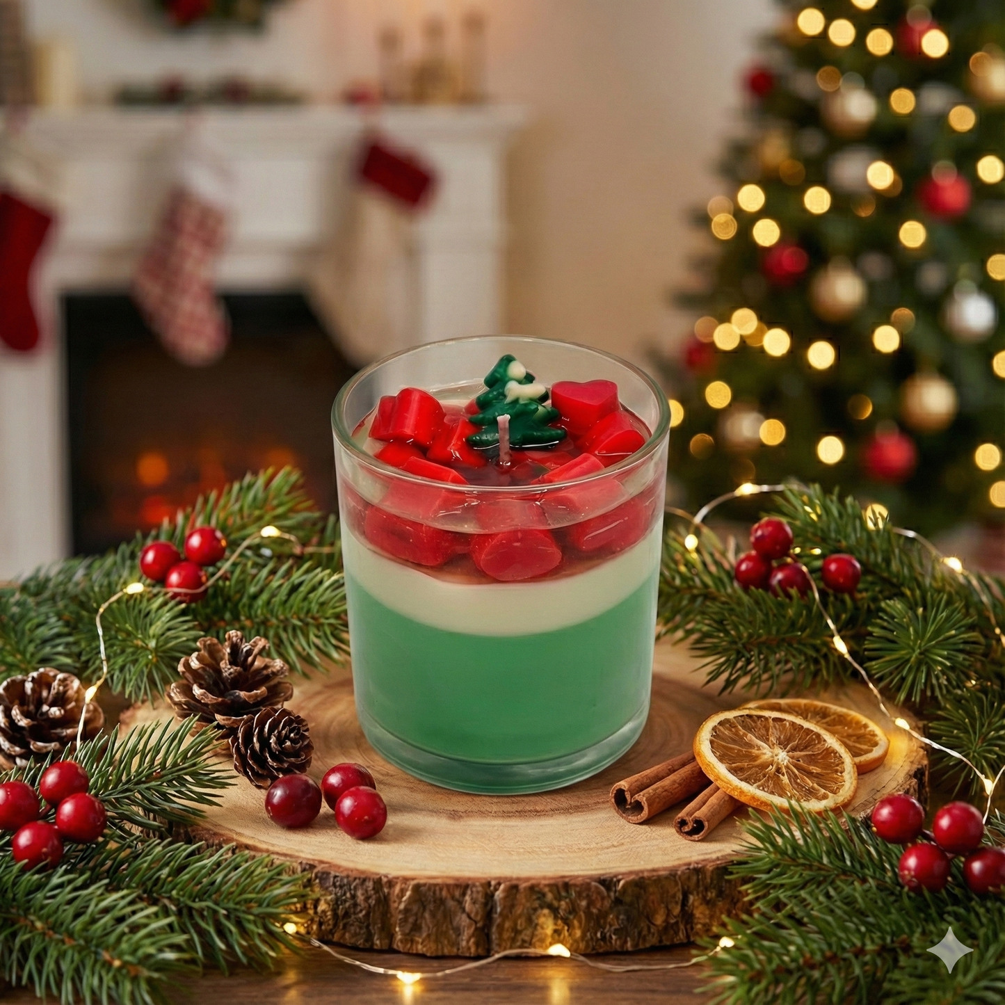 Christmas Theme Heart Candle – Festive Tree & Heart Wax Toppings | 3-Layer Premium Gel + Soy Candle Jar - Kraft Candles