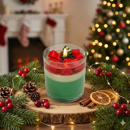 Christmas Theme Heart Candle – Festive Tree & Heart Wax Toppings | 3-Layer Premium Gel + Soy Candle Jar - Kraft Candles