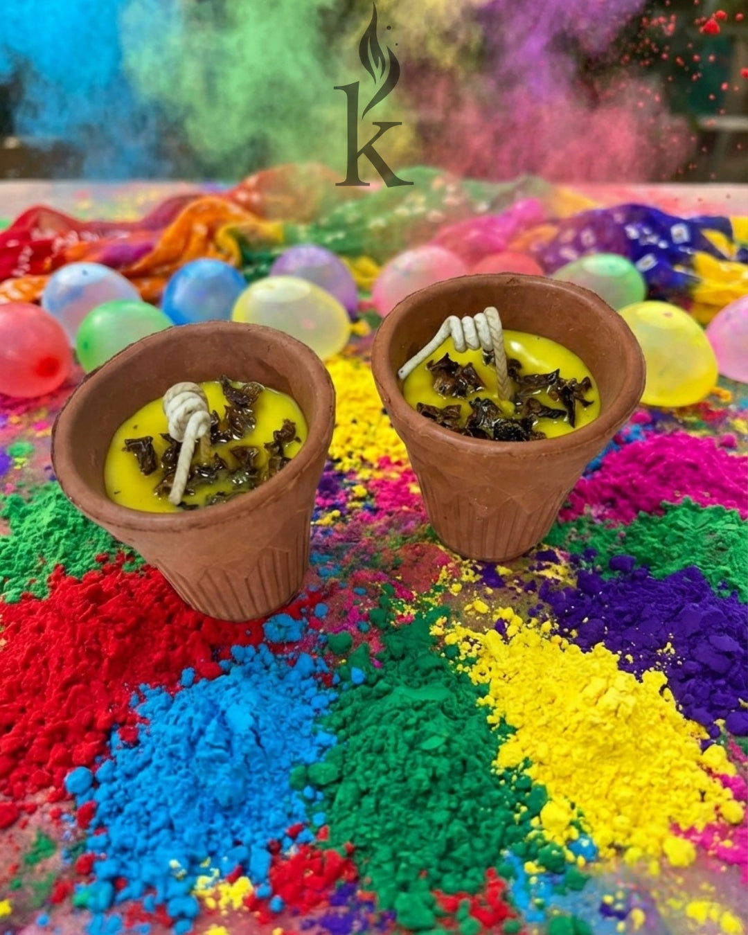 Rang Utsav Kullad Candle Set (Pack of 2) – 100% Soy Wax Sandalwood Terracotta Holi Special