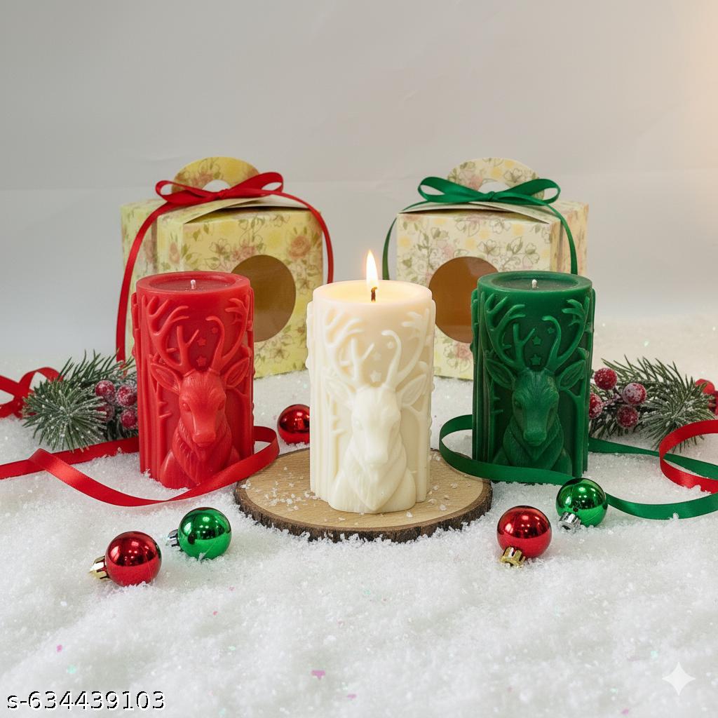 Reindeer Embossed Christmas Pillar Candle  - Festive Décor - Kraft Candles
