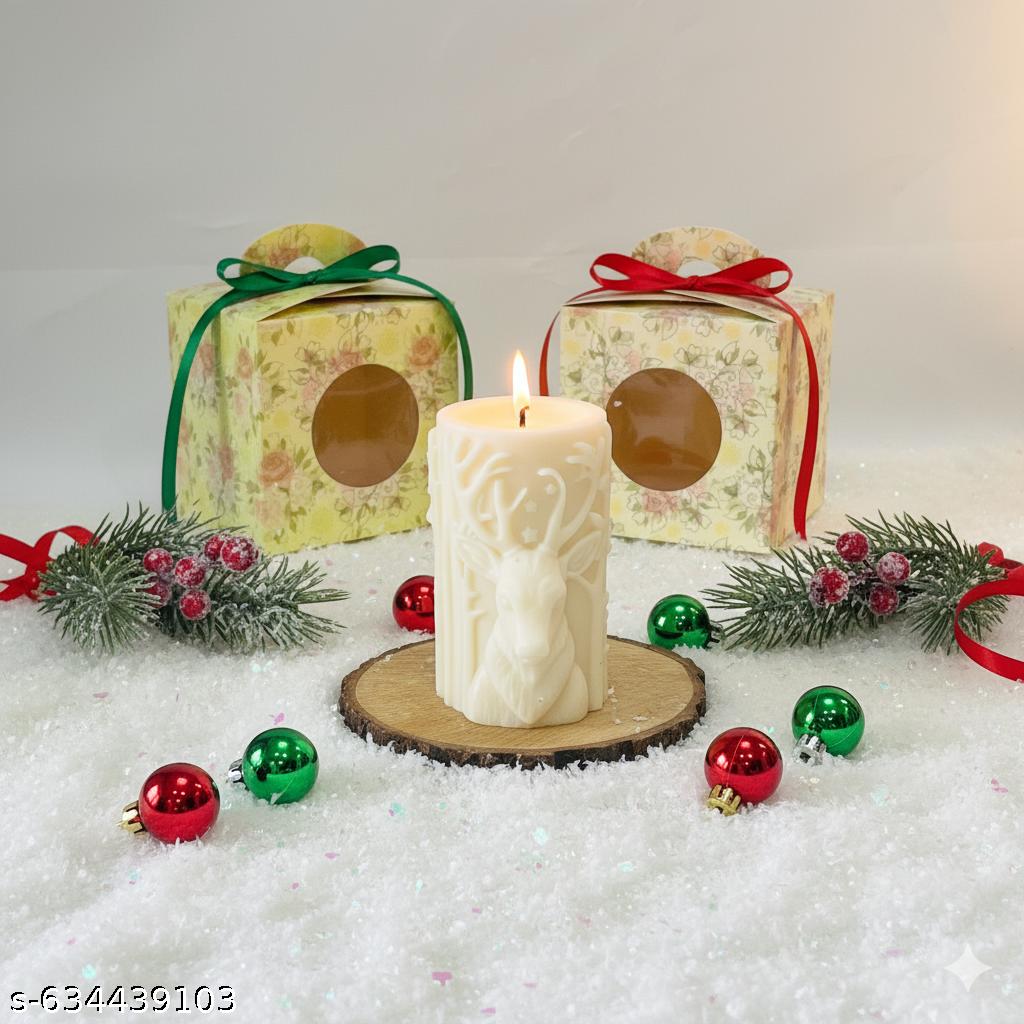 Reindeer Embossed Christmas Pillar Candle  - Festive Décor - Kraft Candles