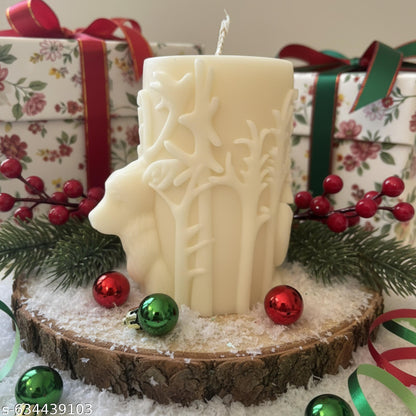 Reindeer Embossed Christmas Pillar Candle  - Festive Décor - Kraft Candles