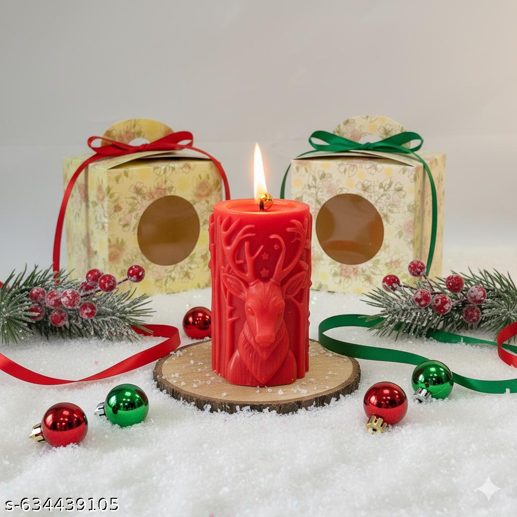 Reindeer Embossed Christmas Pillar Candle  - Festive Décor - Kraft Candles