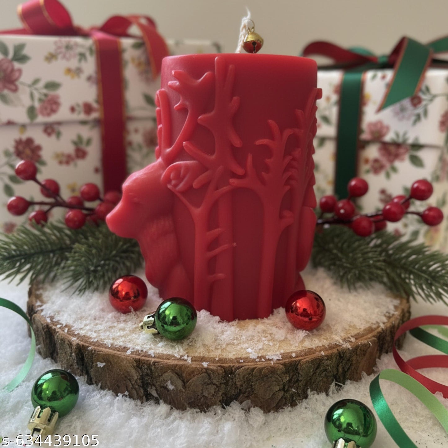 Reindeer Embossed Christmas Pillar Candle  - Festive Décor - Kraft Candles